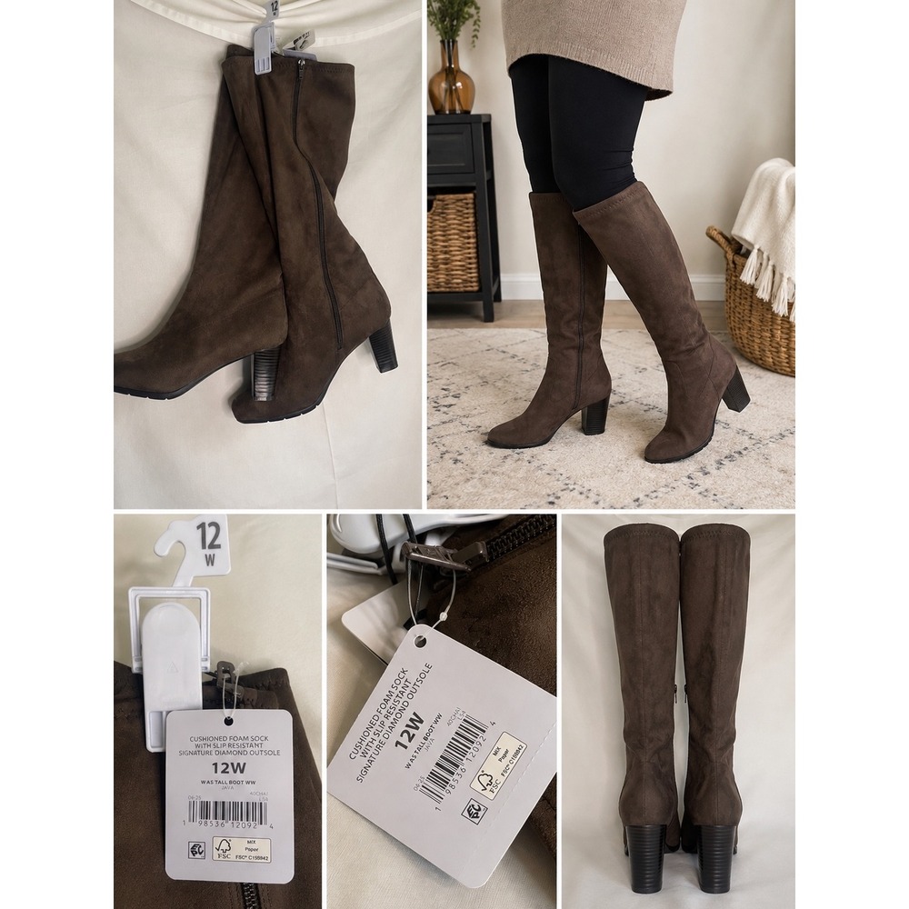 Aerosoles Java Brown Faux Suede Tall Boots Wide Width Block Heel Womens 12W NEW